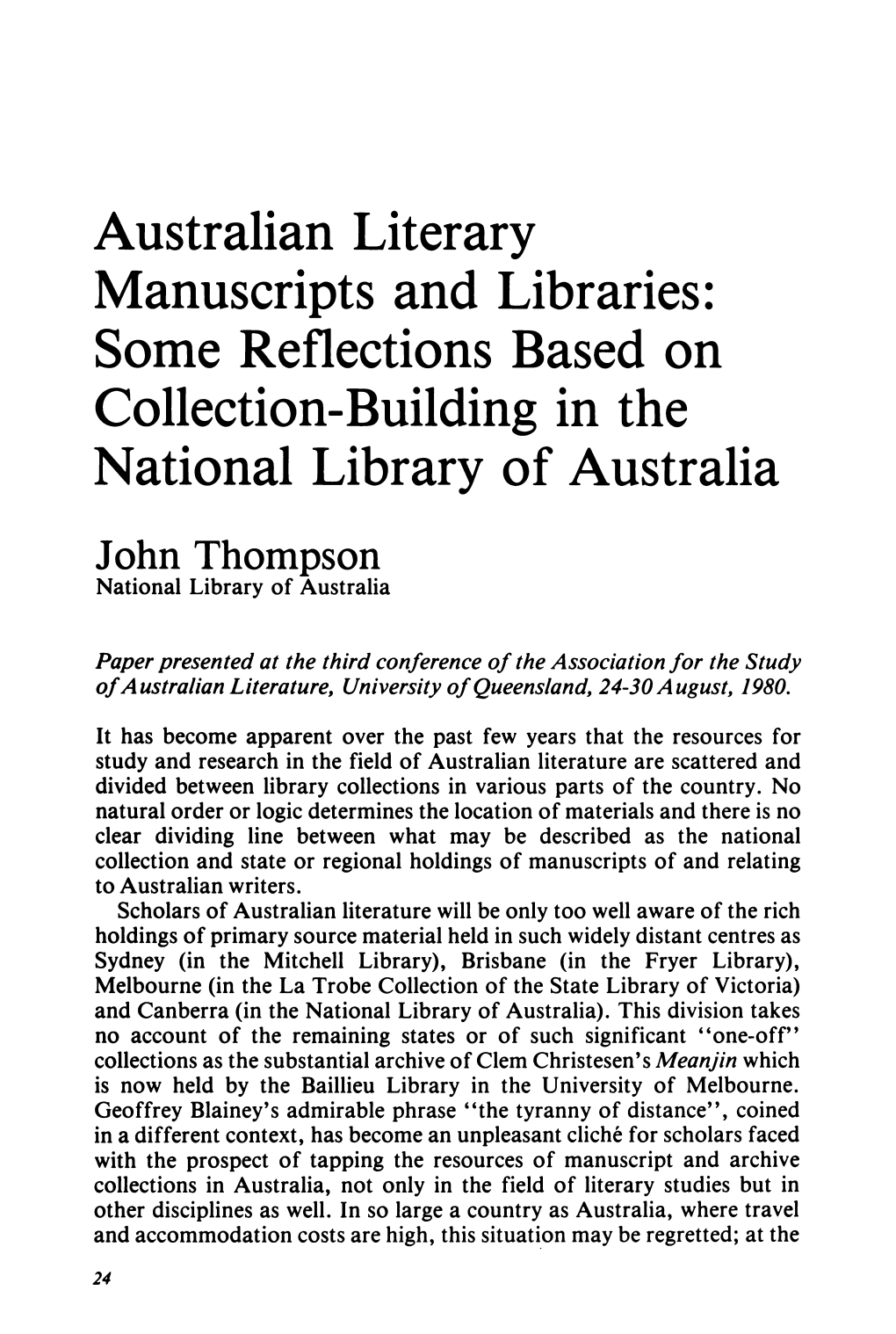 Australian Literary Manuscripts and Libraries: Some Reflections Based on Collection-Building in the National Library of Australia