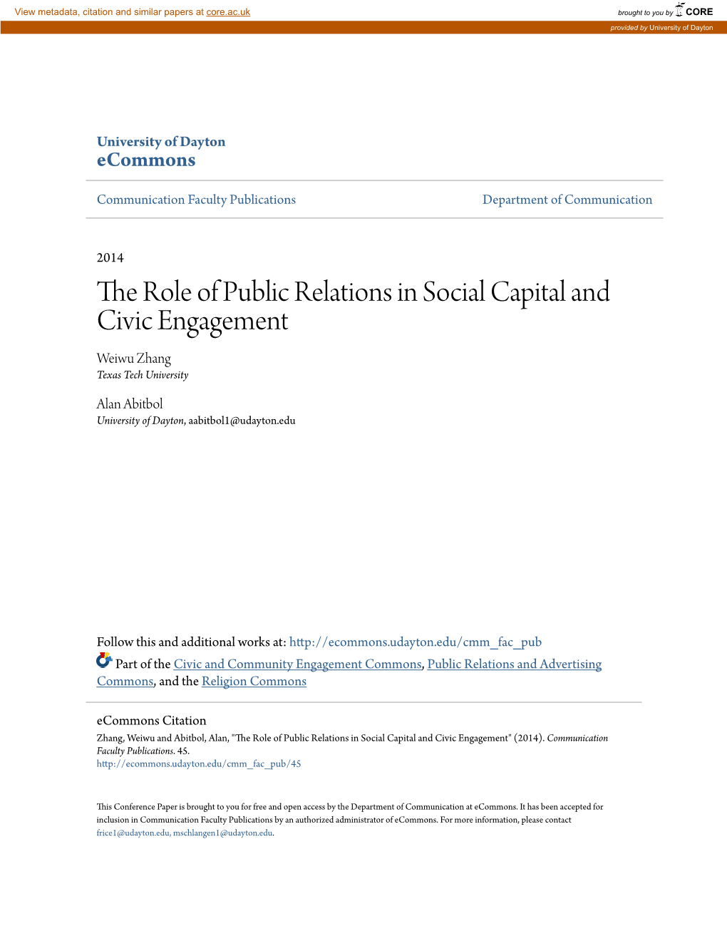 The Role of Public Relations in Social Capital and Civic Engagement Weiwu Zhang Texas Tech University