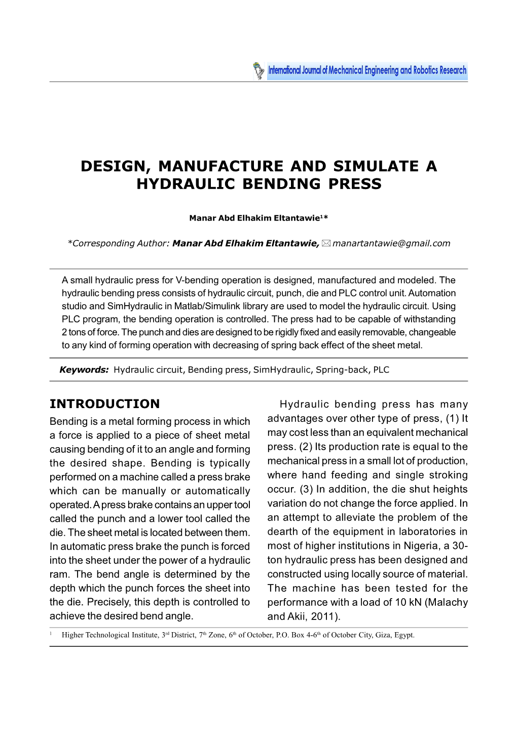 Design, Manufacture and Simulate a Hydraulic Bending Press