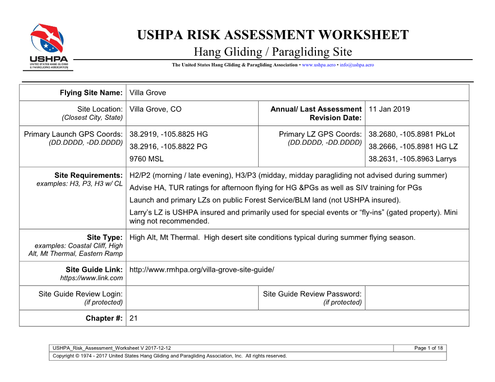 USHPA RISK ASSESSMENT WORKSHEET Hang Gliding / Paragliding Site the United States Hang Gliding & Paragliding Association • • Info@Ushpa.Aero