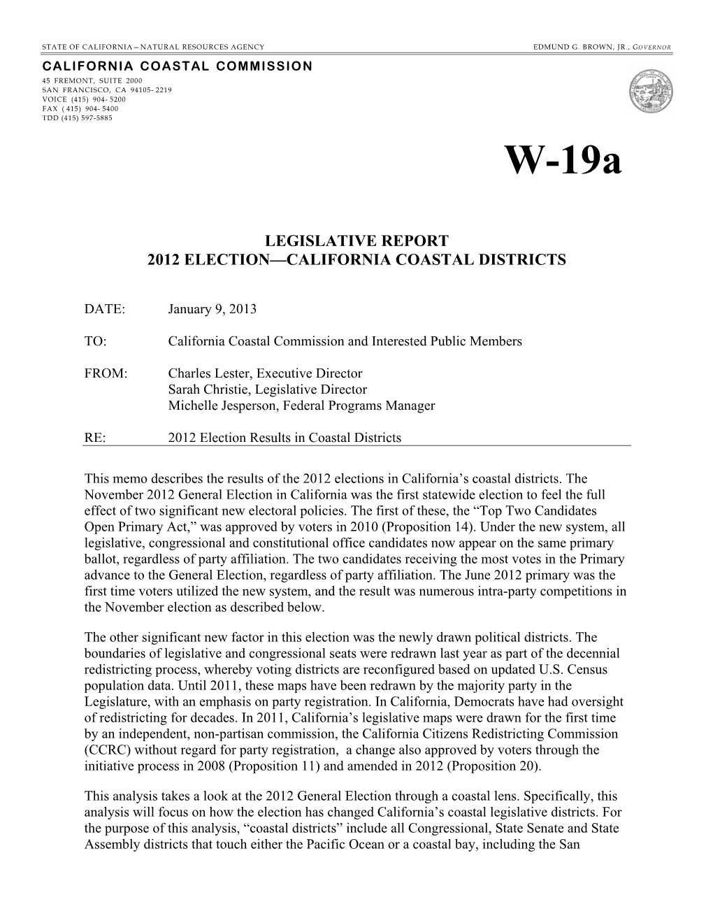 2012 Election Results Coastal Commission Legislative Report