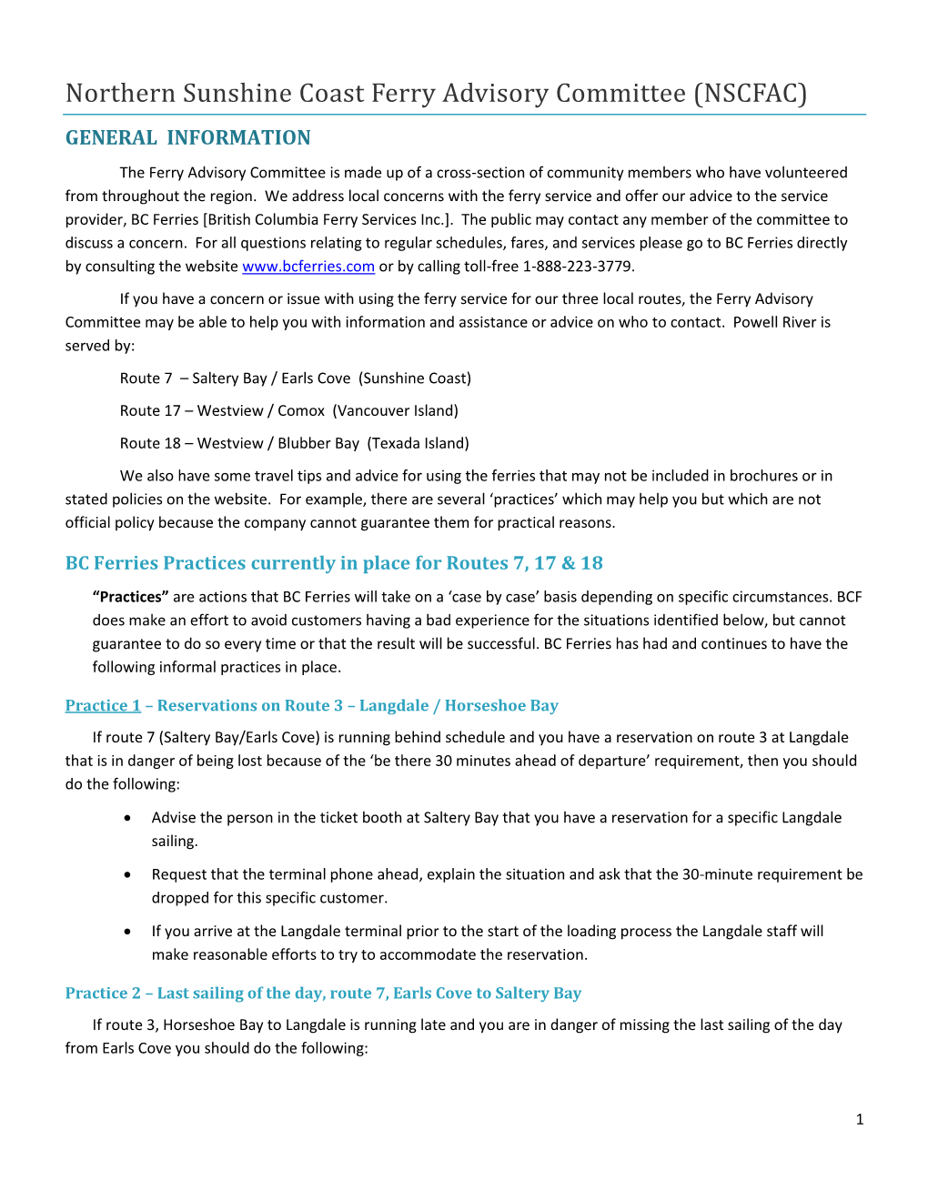 Northern Sunshine Coast Ferry Advisory Committee