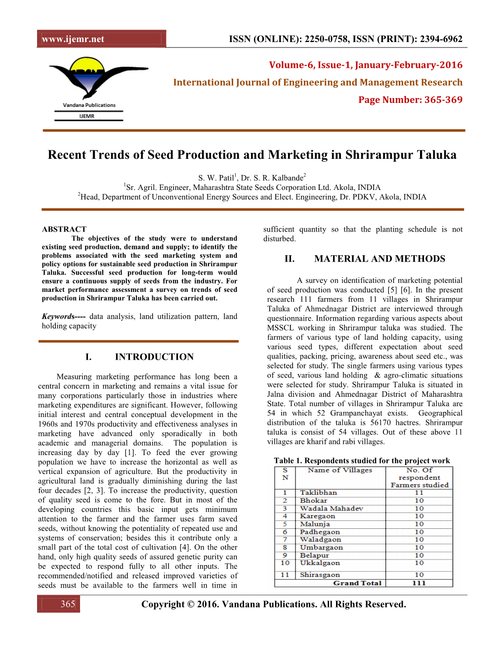 Recent Trends of Seed Production and Marketing in Shrirampur Taluka