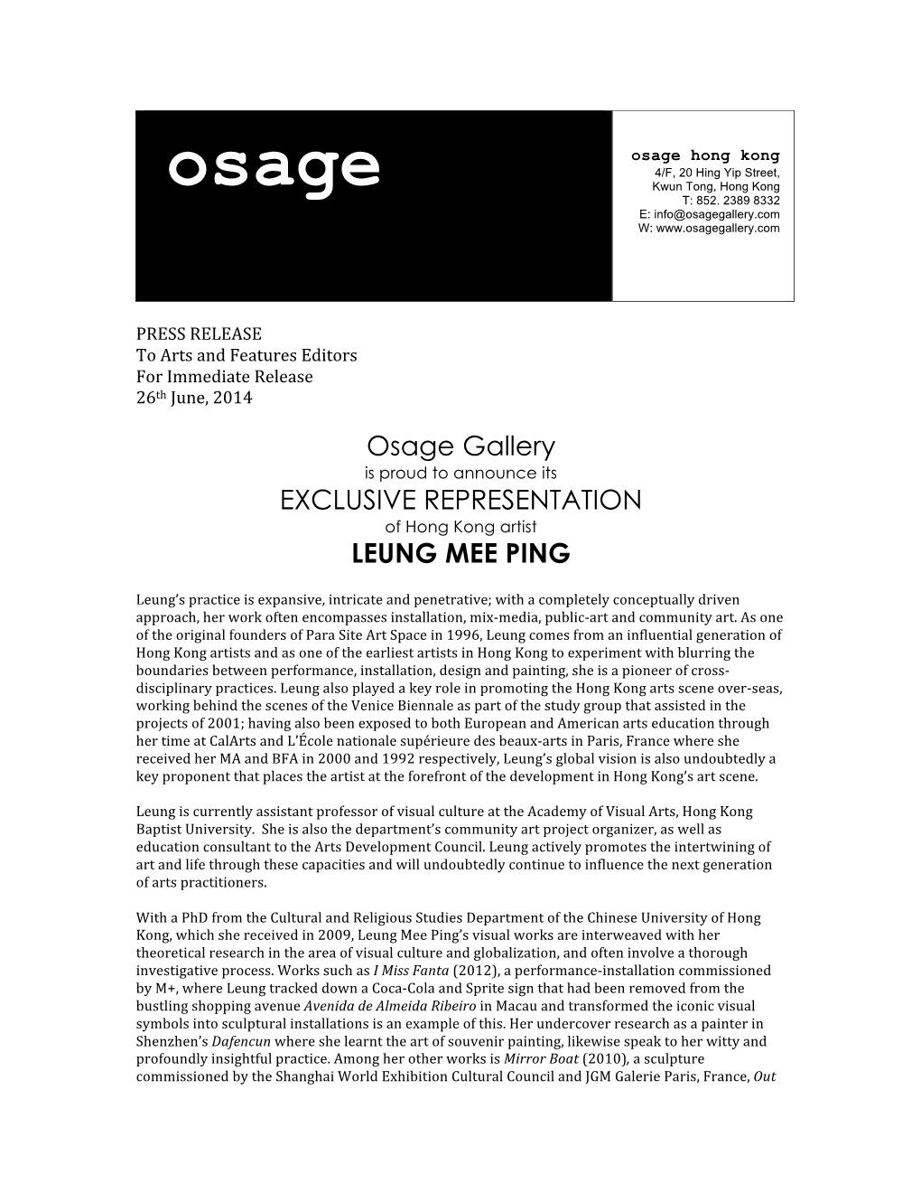 Osage Gallery EXCLUSIVE REPRESENTATION LEUNG MEE PING