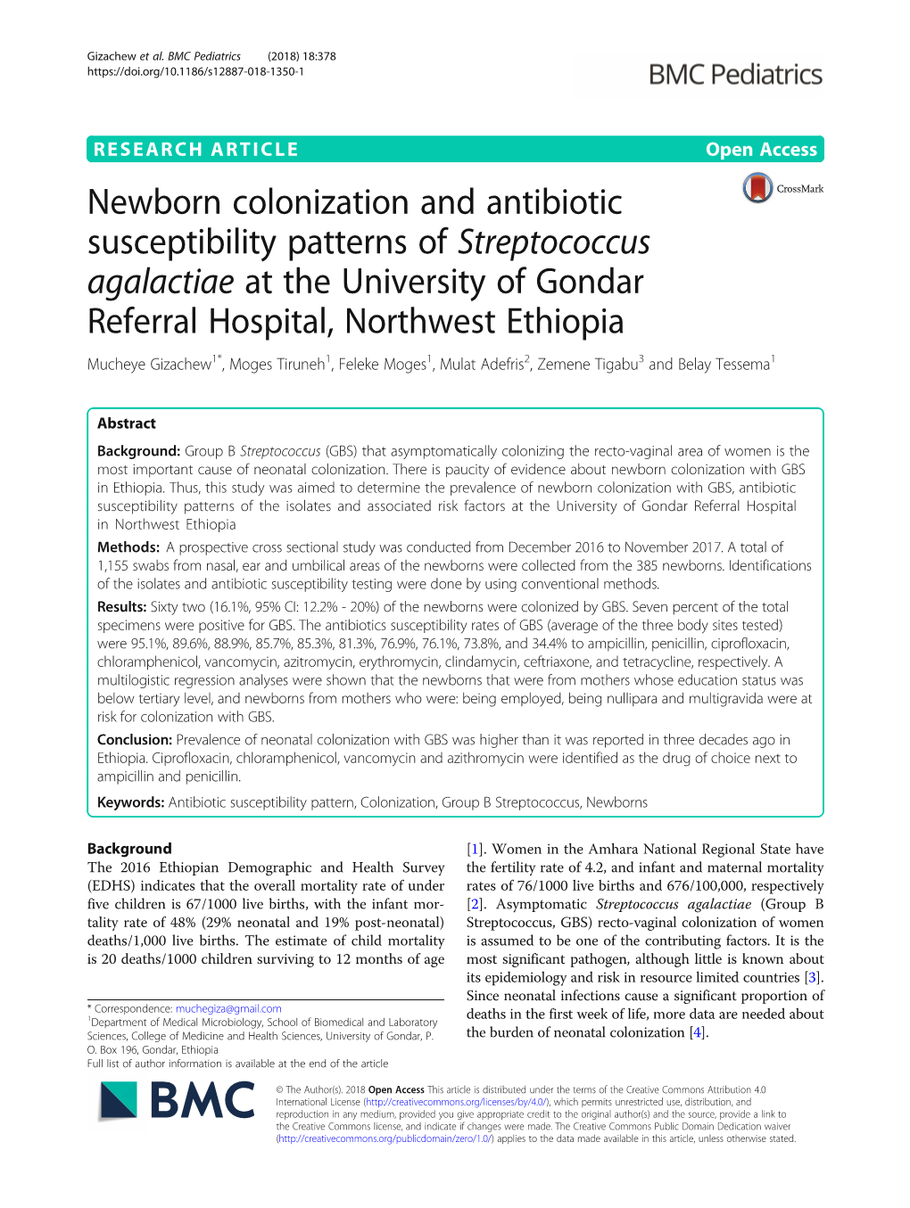 Newborn Colonization and Antibiotic Susceptibility Patterns of Streptococcus Agalactiae at the University of Gondar Referral