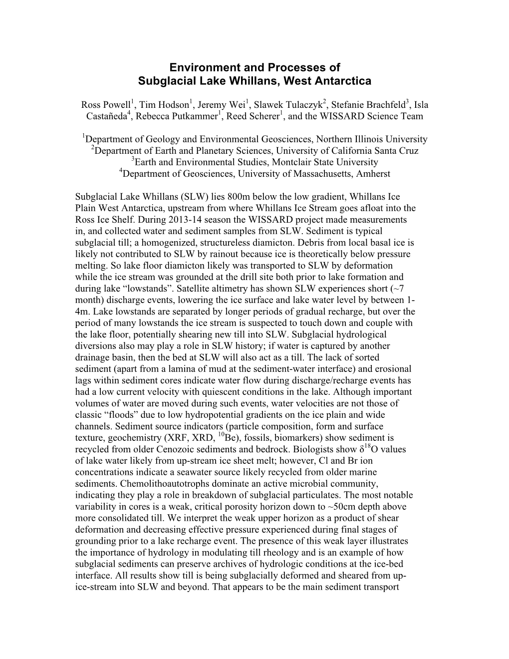 Environment and Processes of Subglacial Lake Whillans, West Antarctica