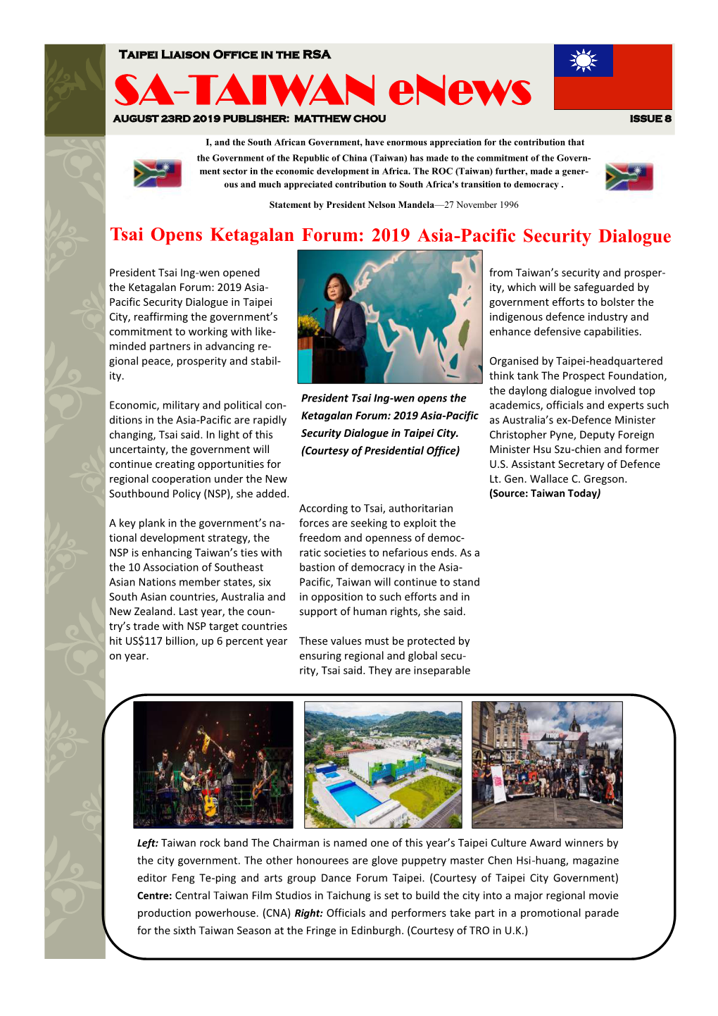 SA-TAIWAN Enews AUGUST 23RD 2019 PUBLISHER: MATTHEW CHOU ISSUE 8