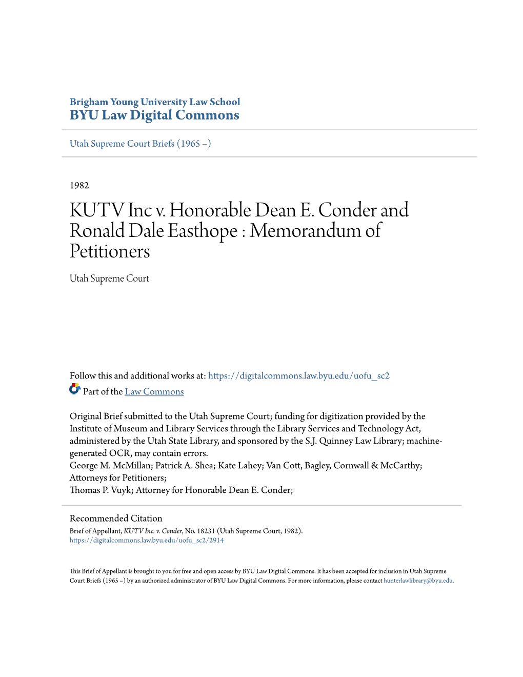 KUTV Inc V. Honorable Dean E. Conder and Ronald Dale Easthope : Memorandum of Petitioners Utah Supreme Court