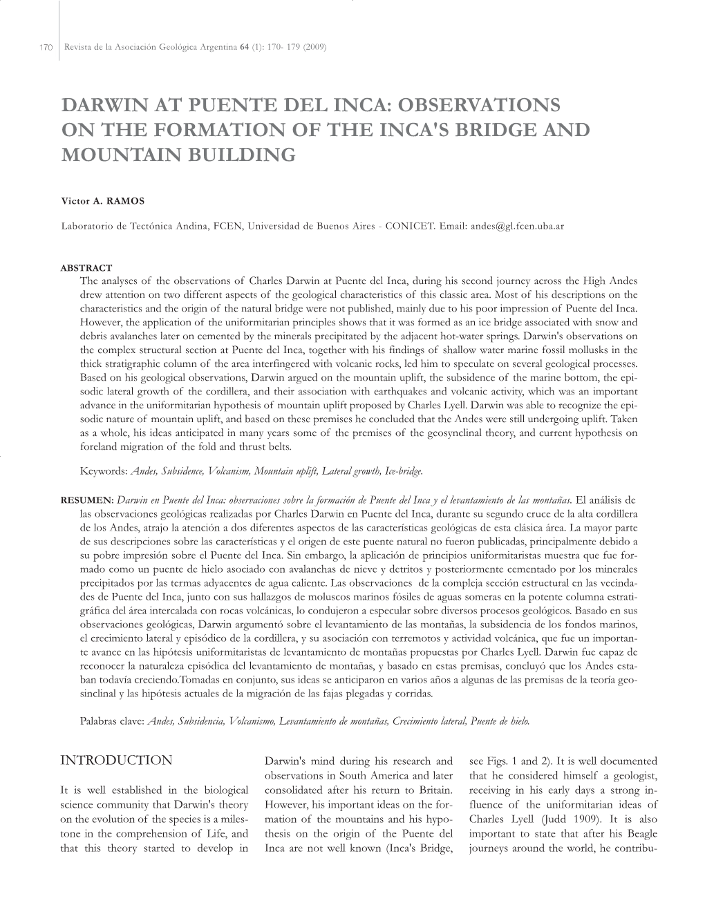 Darwin at Puente Del Inca: Observations on the Formation of the Inca's Bridge and Mountain Building