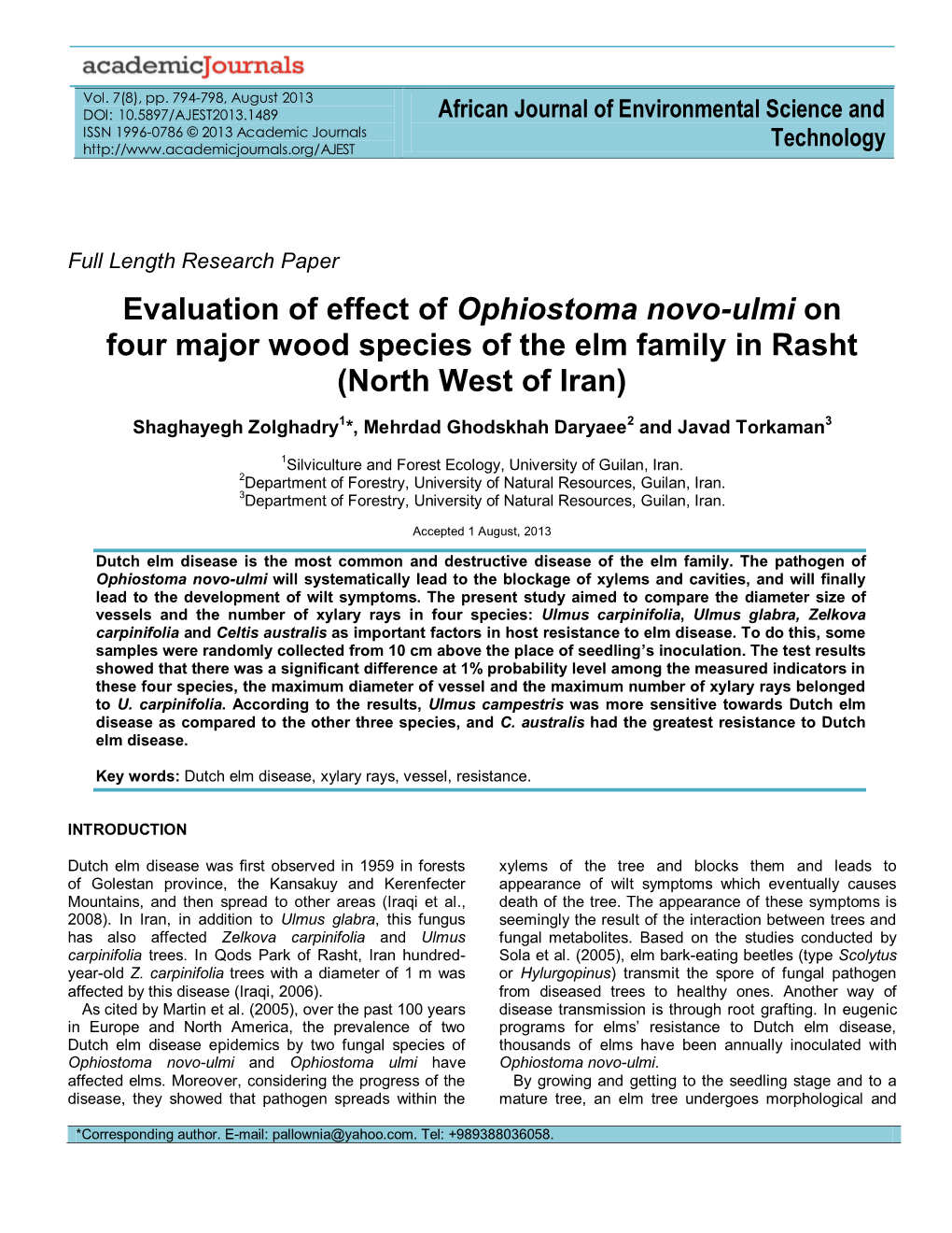 Evaluation of Effect of Ophiostoma Novo-Ulmi on Four Major Wood Species of the Elm Family in Rasht (North West of Iran)