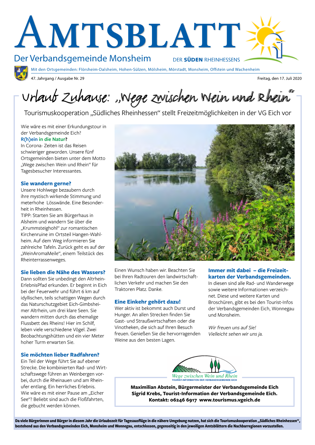 Urlaub Zuhause: „Wege Zwischen Wein Und Rhein“ Tourismuskooperation „Südliches Rheinhessen“ Stellt Freizeitmöglichkeiten in Der VG Eich Vor