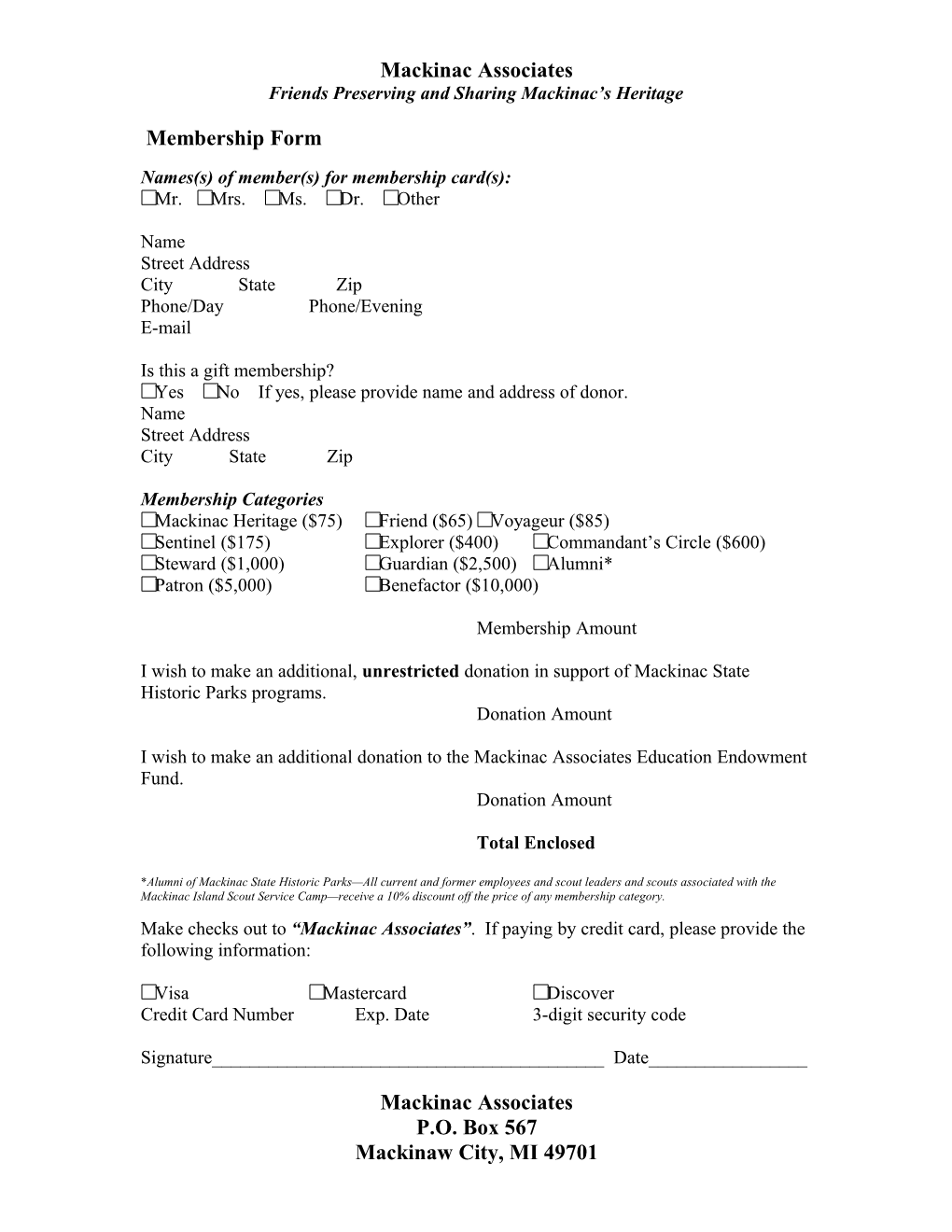 Mackinac Associates Membership Form