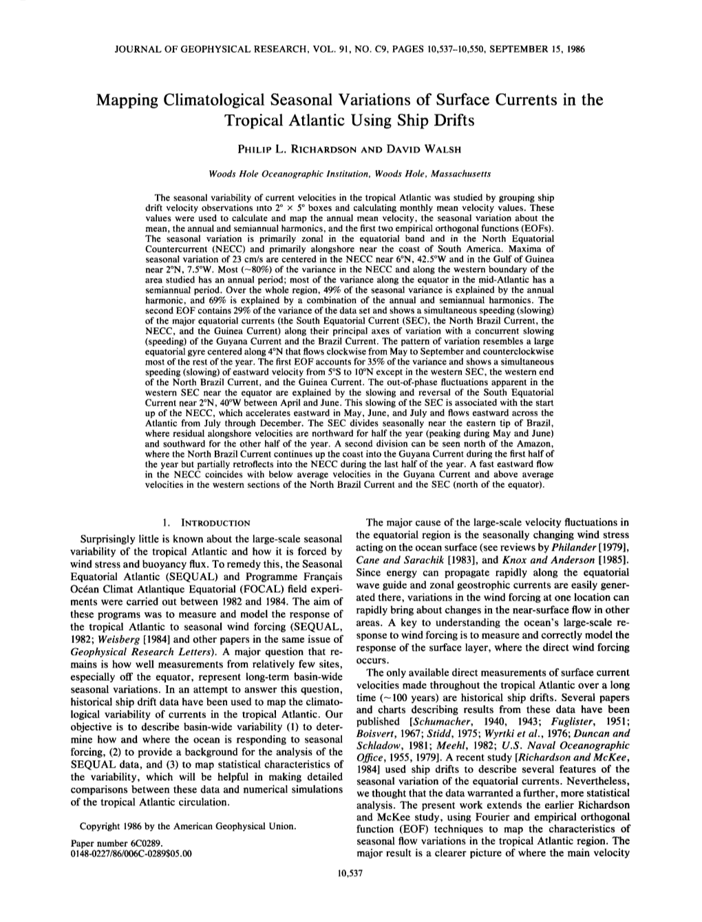 Mapping Climatological Seasonal Variations of Surface Currents in the Tropical Atlantic Using Ship Drifts