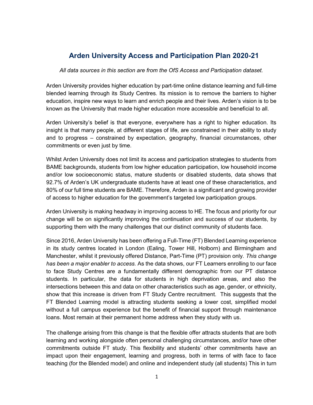 Arden University Access and Participation Plan 2020-21