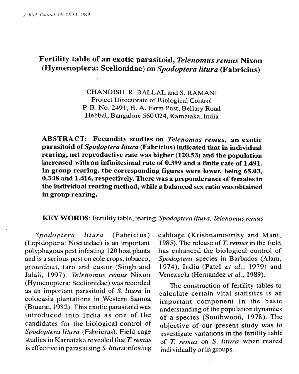 Fertility Table of an Exotic Parasitoid, Telenomus Remus Nixon (Hymenoptera: Scelionidae) on Spodoptera Litura (Fabricius)