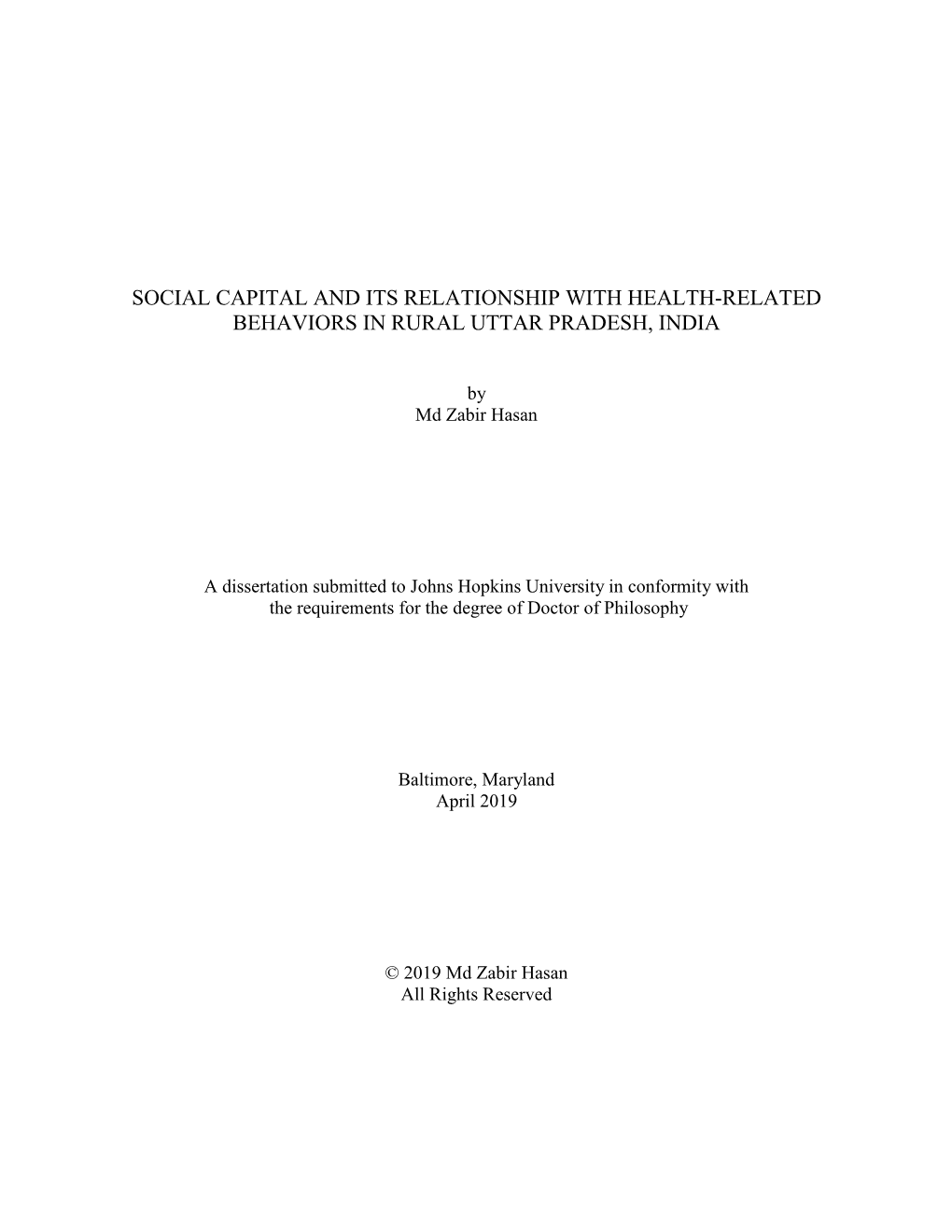 Social Capital and Its Relationship with Health-Related Behaviors in Rural Uttar Pradesh, India