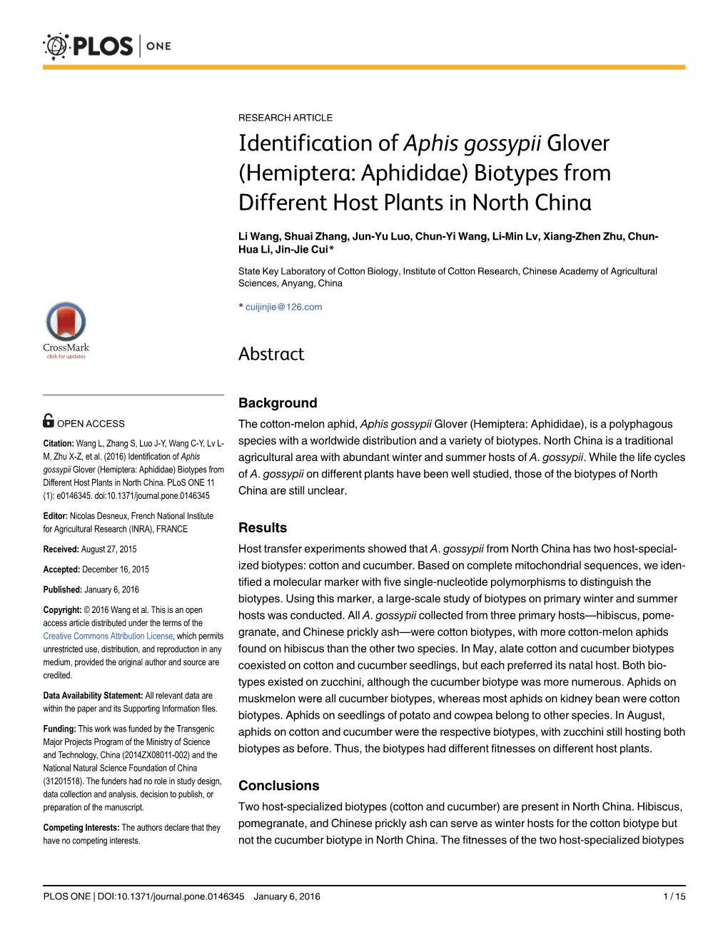 Identification of Aphis Gossypii Glover (Hemiptera: Aphididae) Biotypes from Different Host Plants in North China