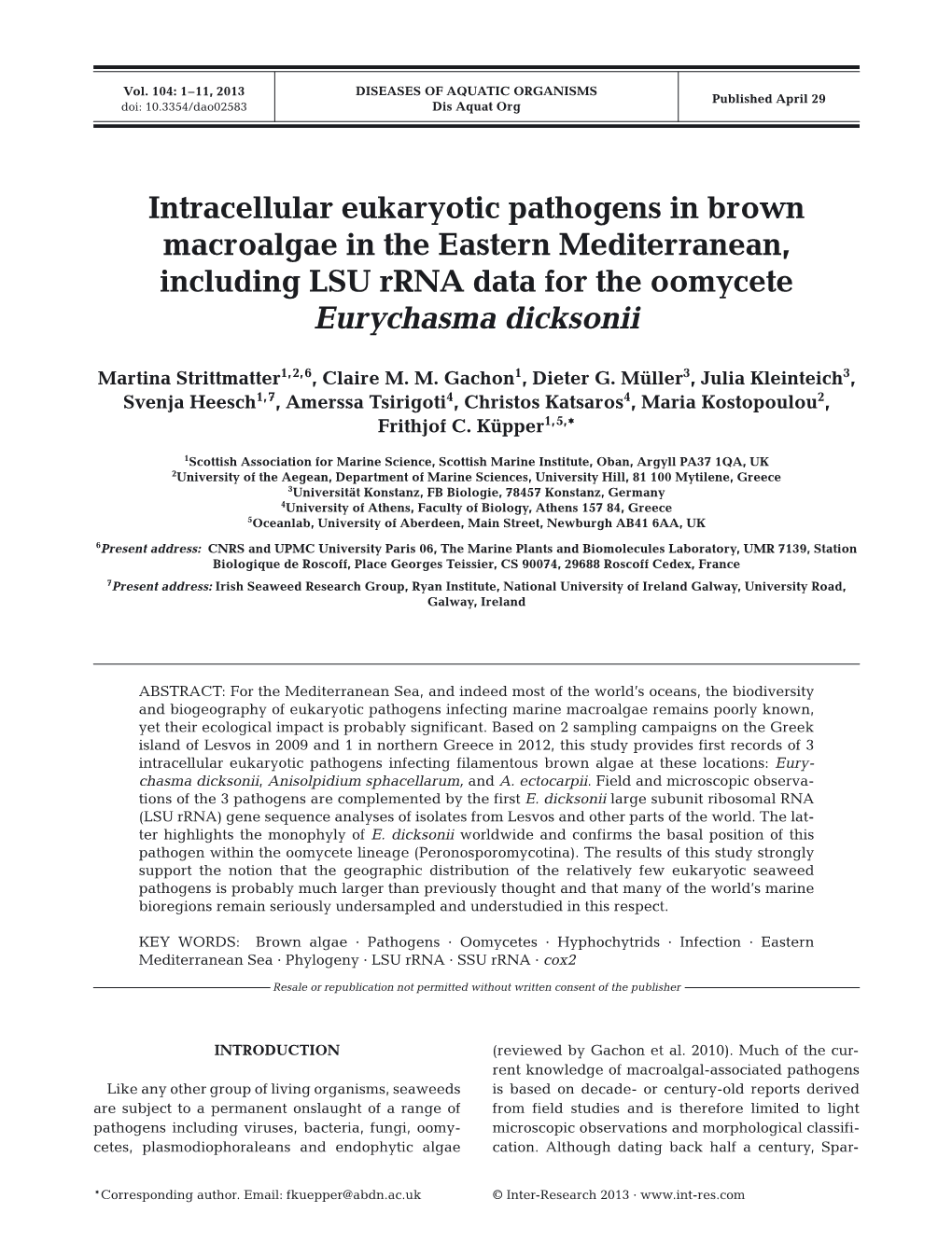 Intracellular Eukaryotic Pathogens in Brown Macroalgae in the Eastern Mediterranean, Including LSU Rrna Data for the Oomycete Eurychasma Dicksonii