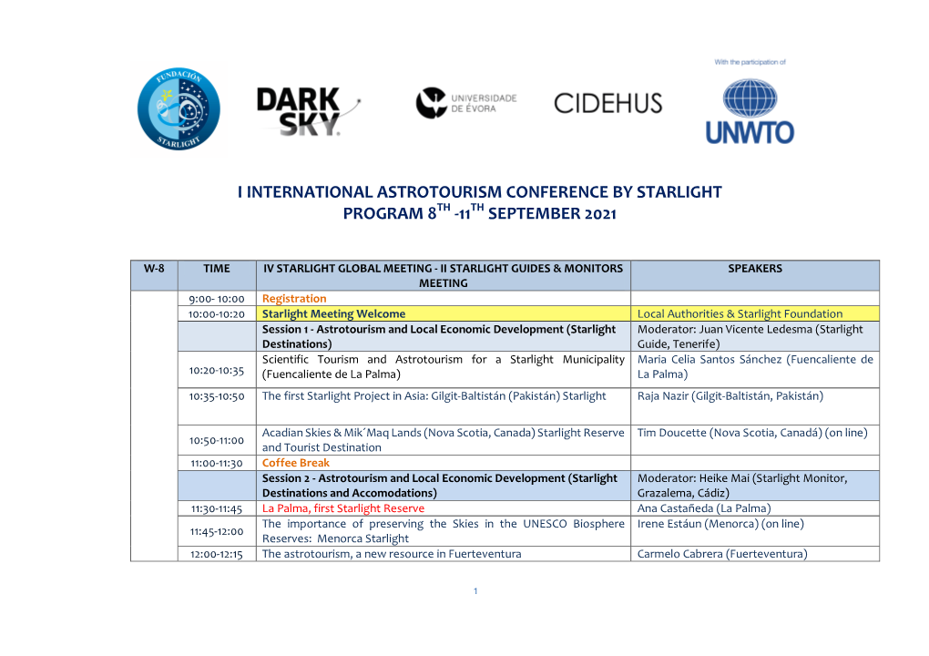 I International Astrotourism Conference by Starlight Program 8Th -11Th September 2021