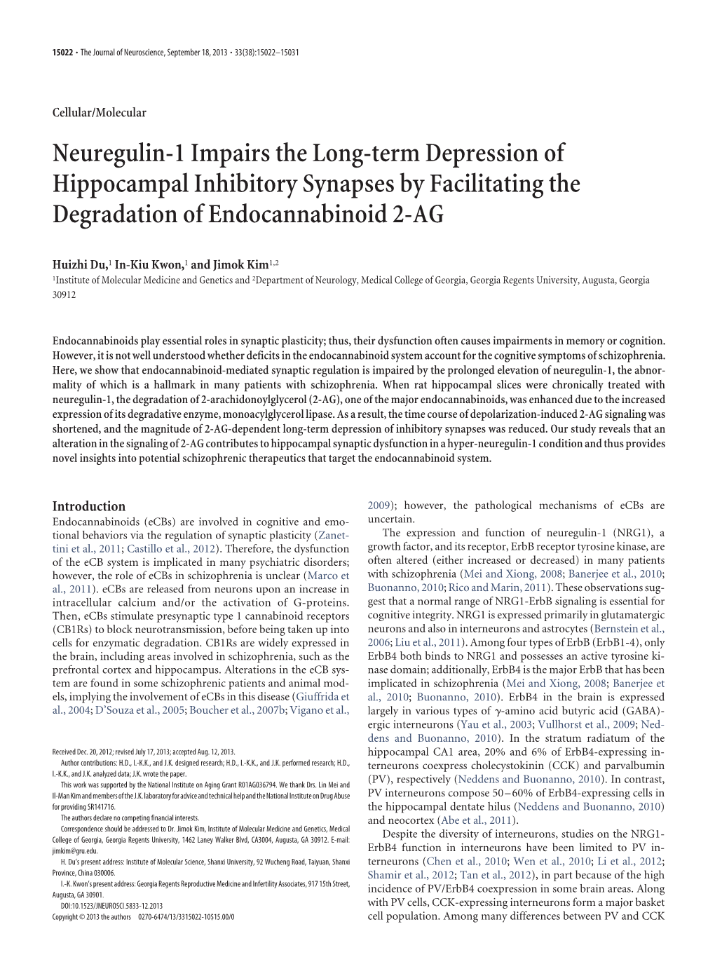 Neuregulin-1 Impairs the Long-Term Depression of Hippocampal Inhibitory Synapses by Facilitating the Degradation of Endocannabinoid 2-AG
