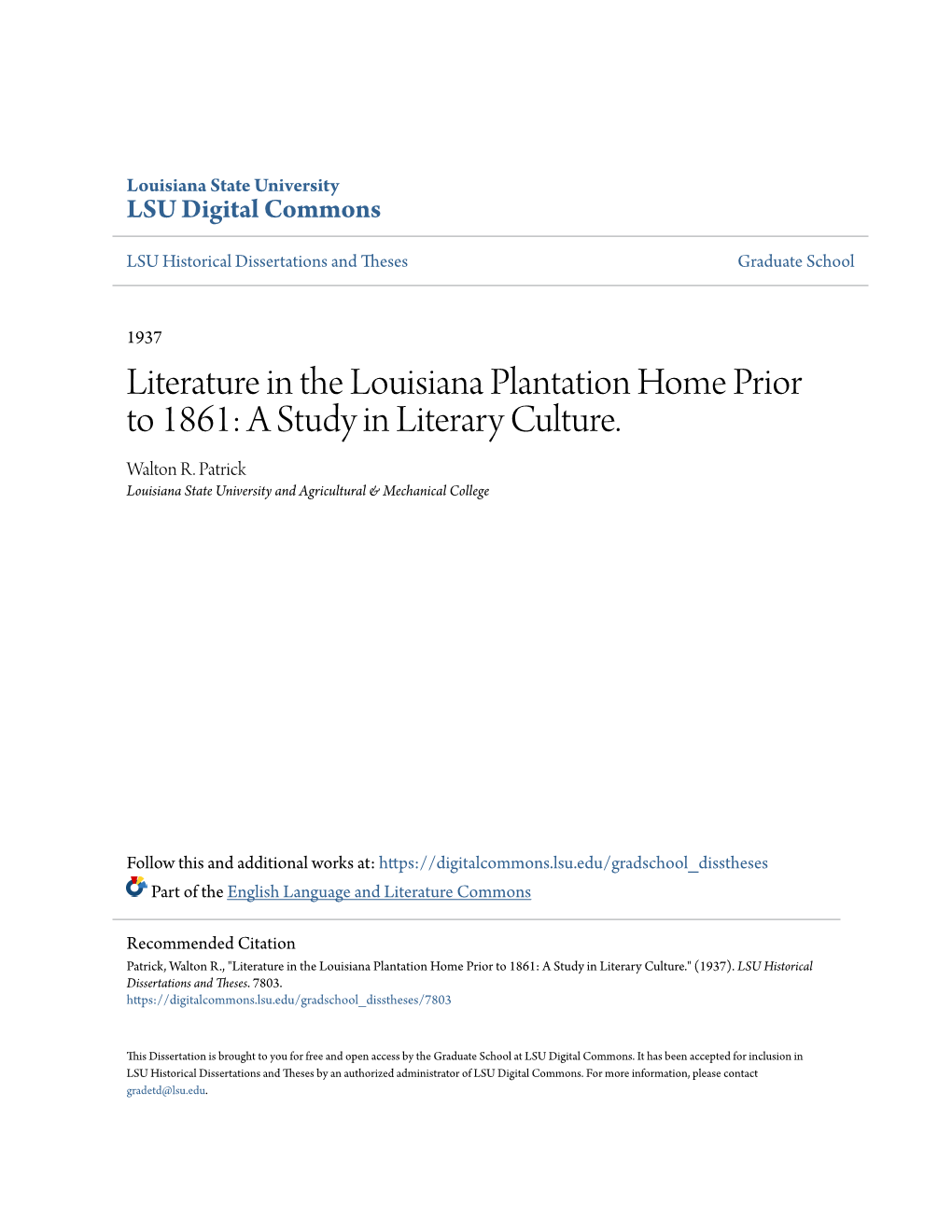 Literature in the Louisiana Plantation Home Prior to 1861: a Study in Literary Culture