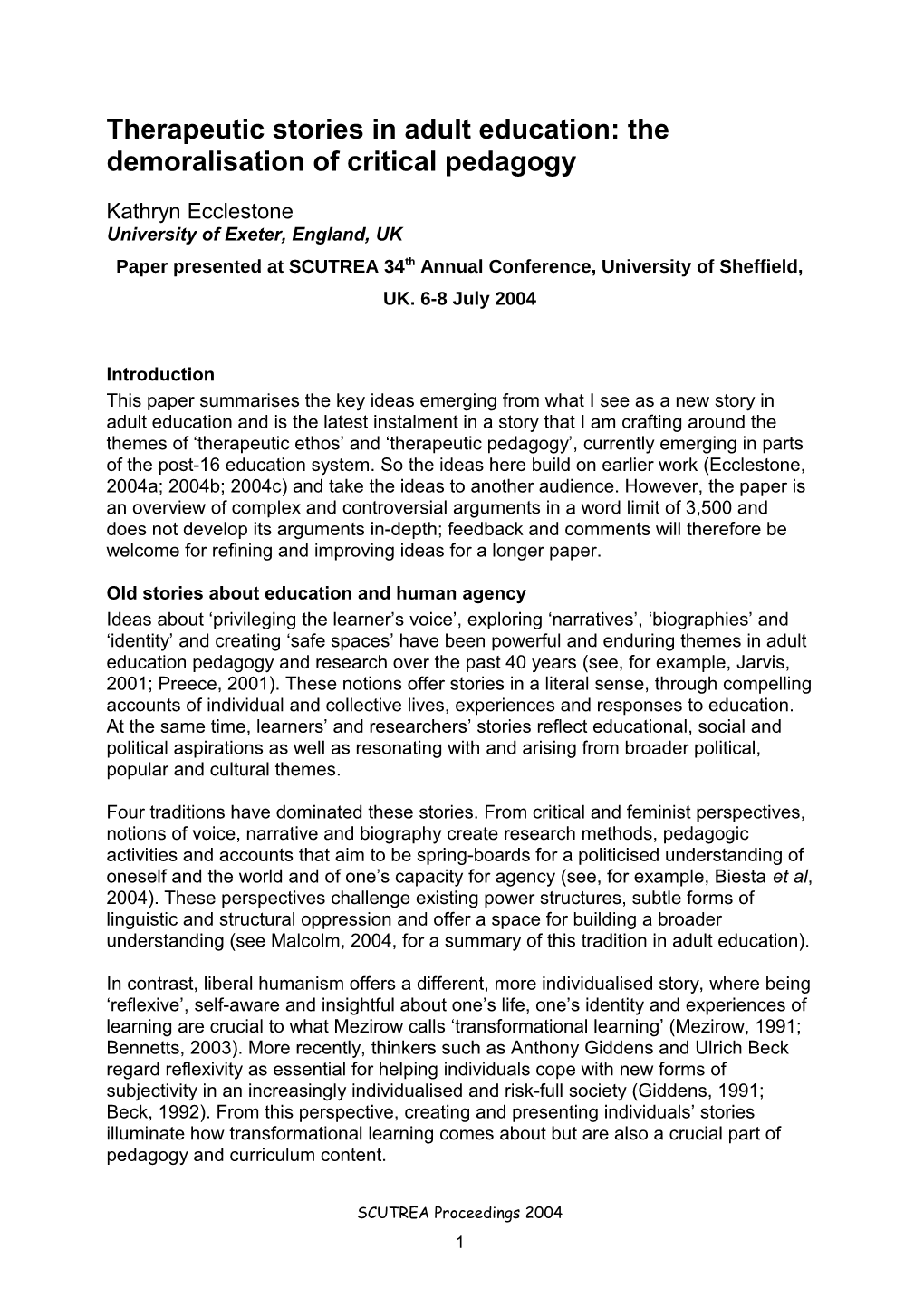 Paper Presented at SCUTREA 34Th Annual Conference, University of Sheffield, UK