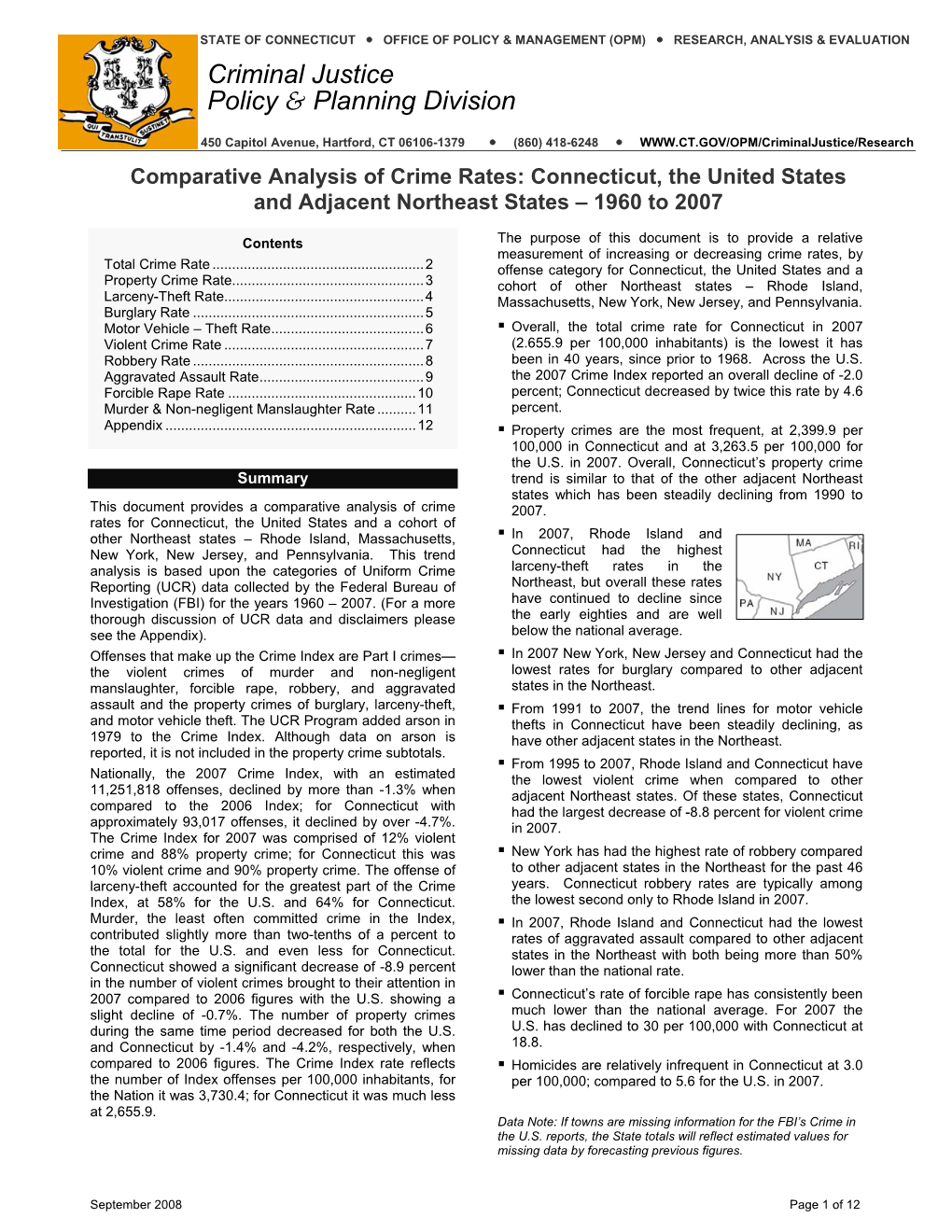 Comparative Analysis of Crime Rates: Connecticut, the United States and Adjacent Northeast States – 1960 to 2007