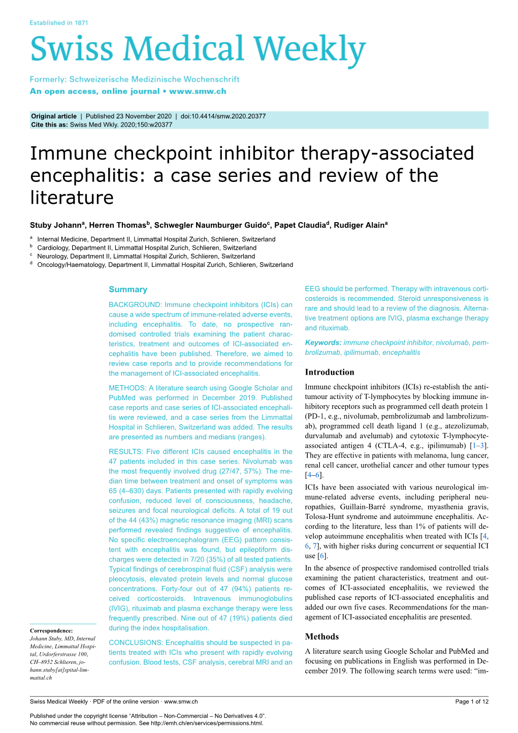 Immune Checkpoint Inhibitor Therapy-Associated Encephalitis: a Case Series and Review of the Literature