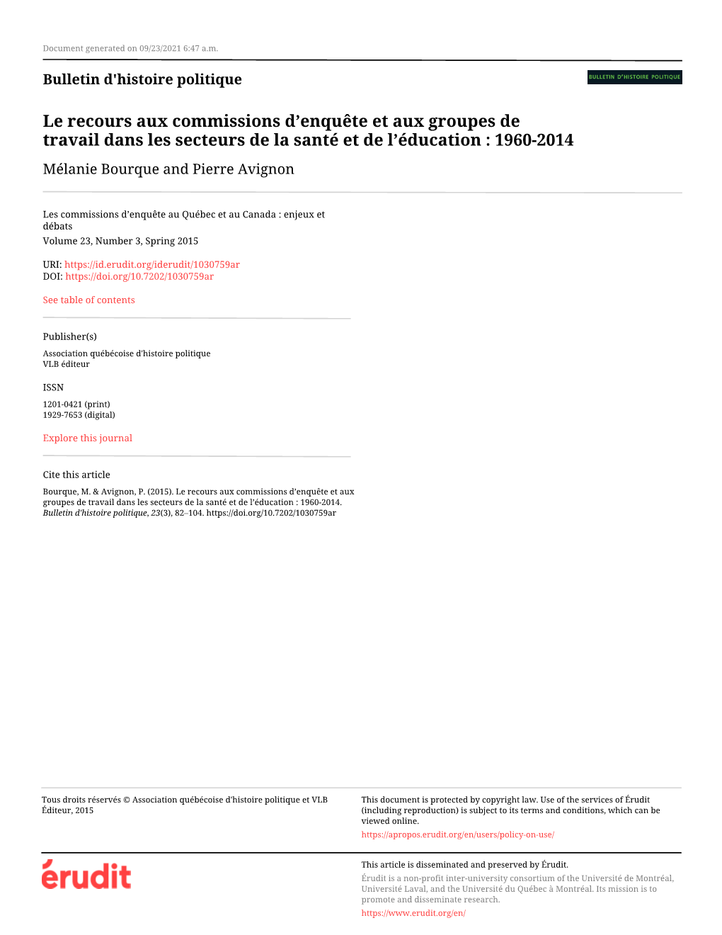 Le Recours Aux Commissions D'enquête Et Aux Groupes De Travail Dans Les Secteurs De La Santé Et De L'éducation