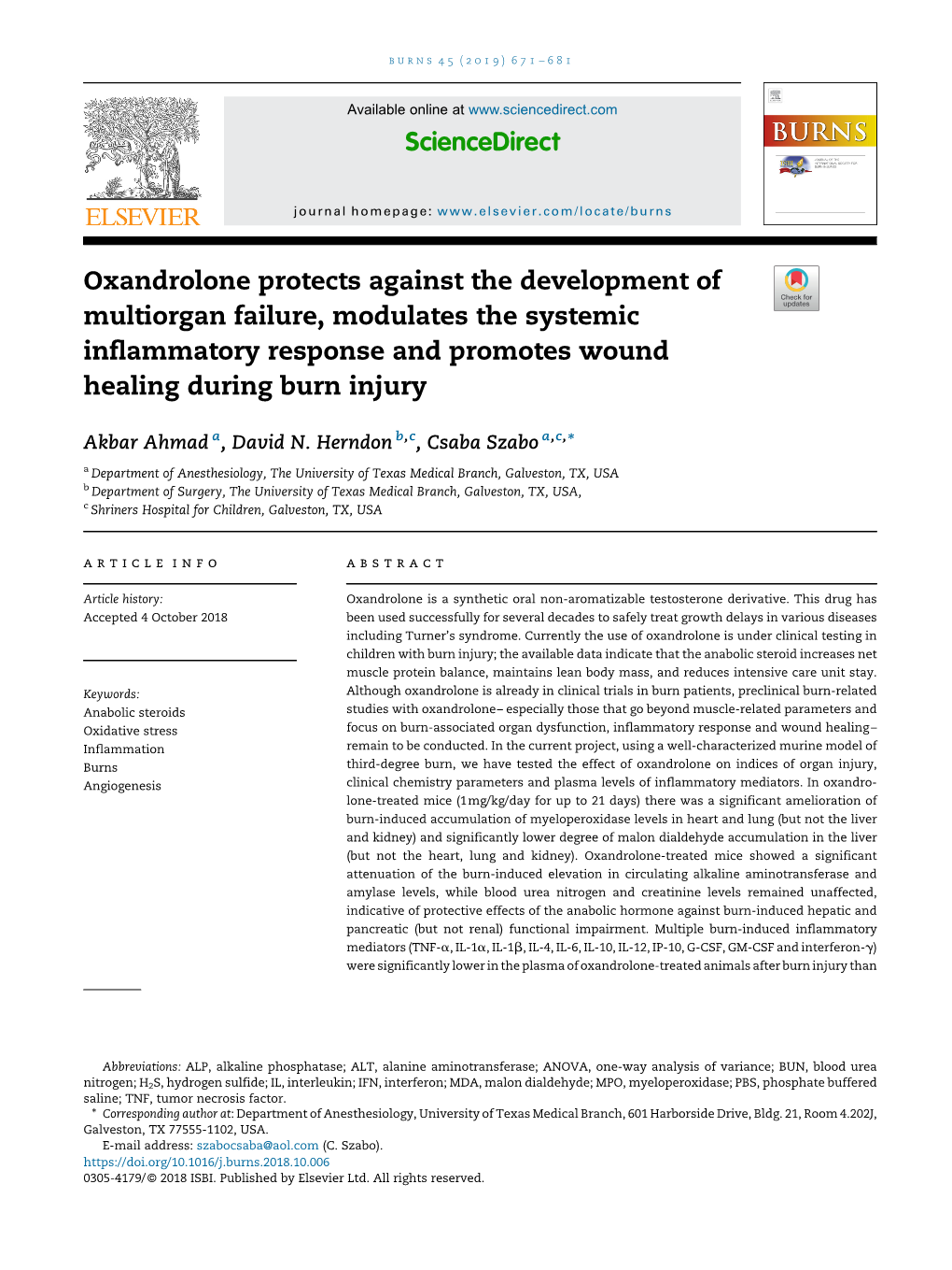 Oxandrolone Protects Against the Development of Multiorgan Failure