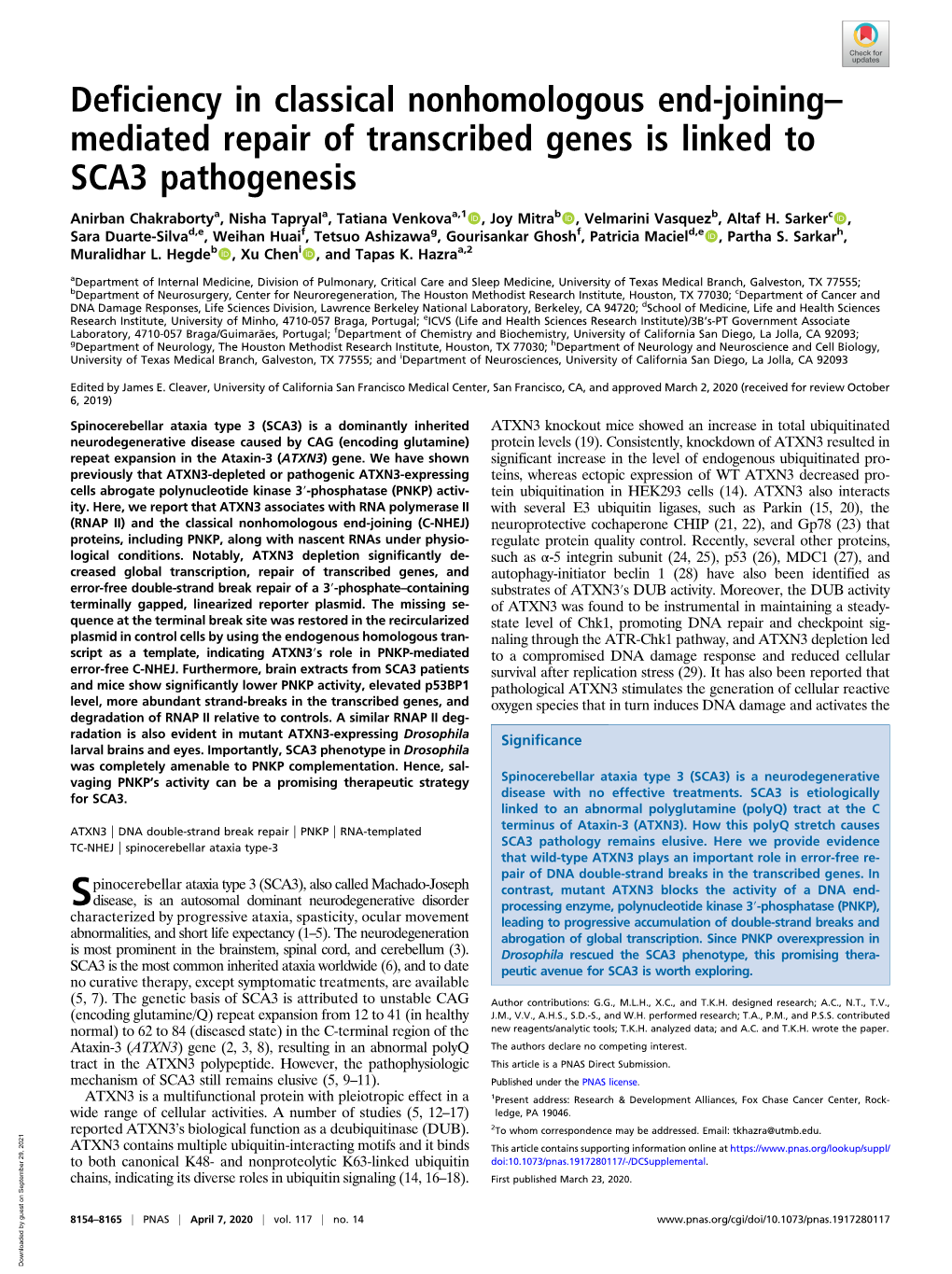 Mediated Repair of Transcribed Genes Is Linked to SCA3 Pathogenesis