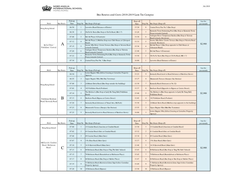 Bus Routes and Costs 2018-2019 Lam Tin Campus