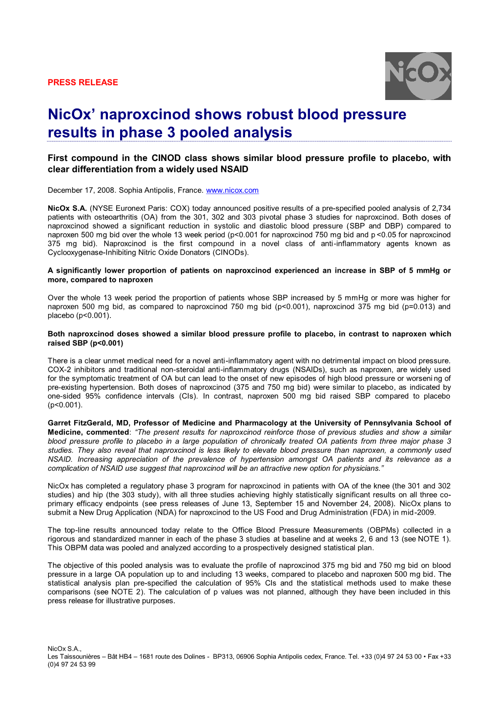 Nicox' Naproxcinod Shows Robust Blood Pressure Results in Phase 3