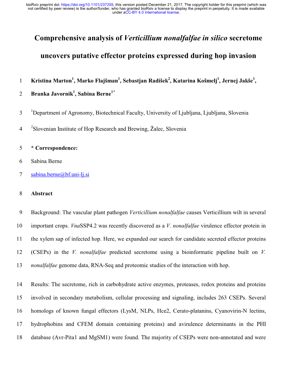 Comprehensive Analysis of Verticillium Nonalfalfae in Silico Secretome