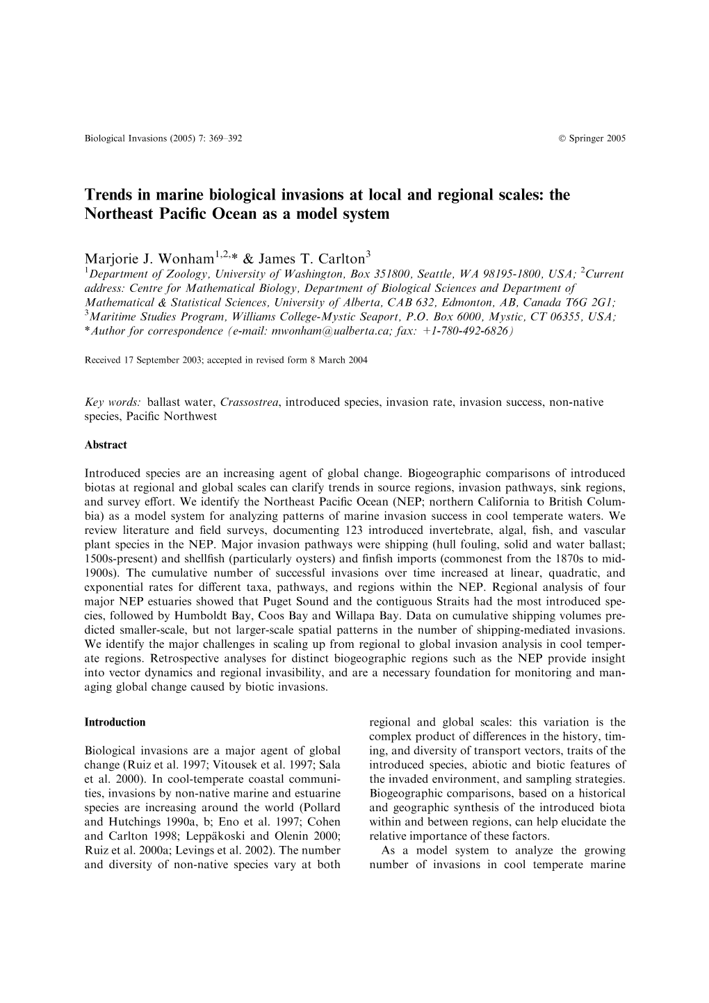 Trends in Marine Biological Invasions at Local and Regional Scales: the Northeast Paciﬁc Ocean As a Model System