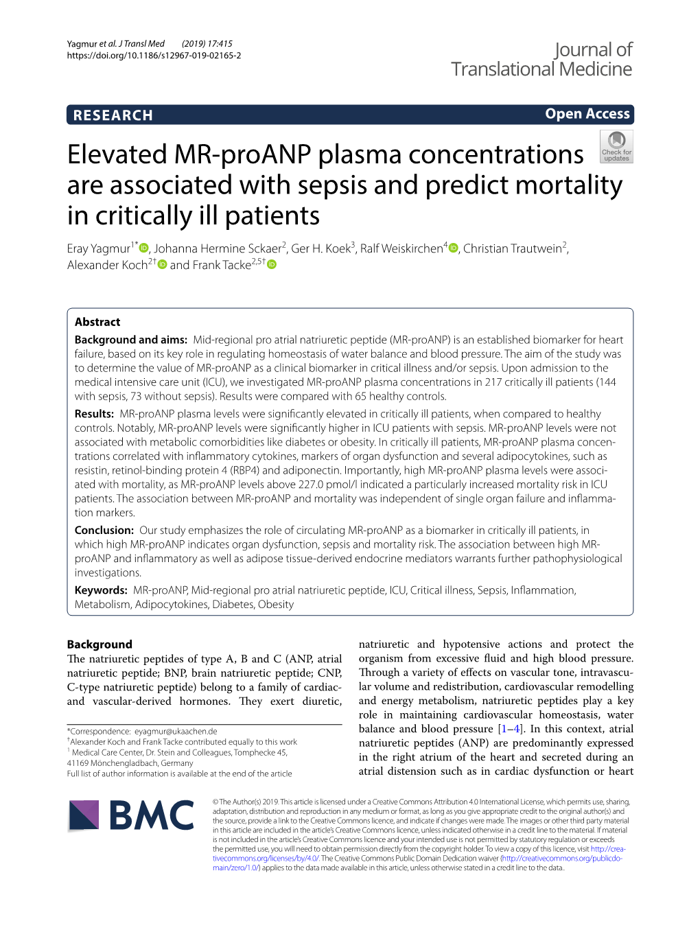 Elevated MR-Proanp Plasma Concentrations Are Associated With