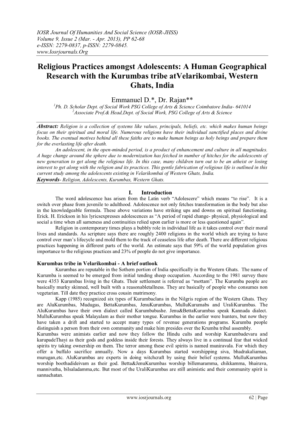 Religious Practices Amongst Adolescents: a Human Geographical Research with the Kurumbas Tribe Atvelarikombai, Western Ghats, India