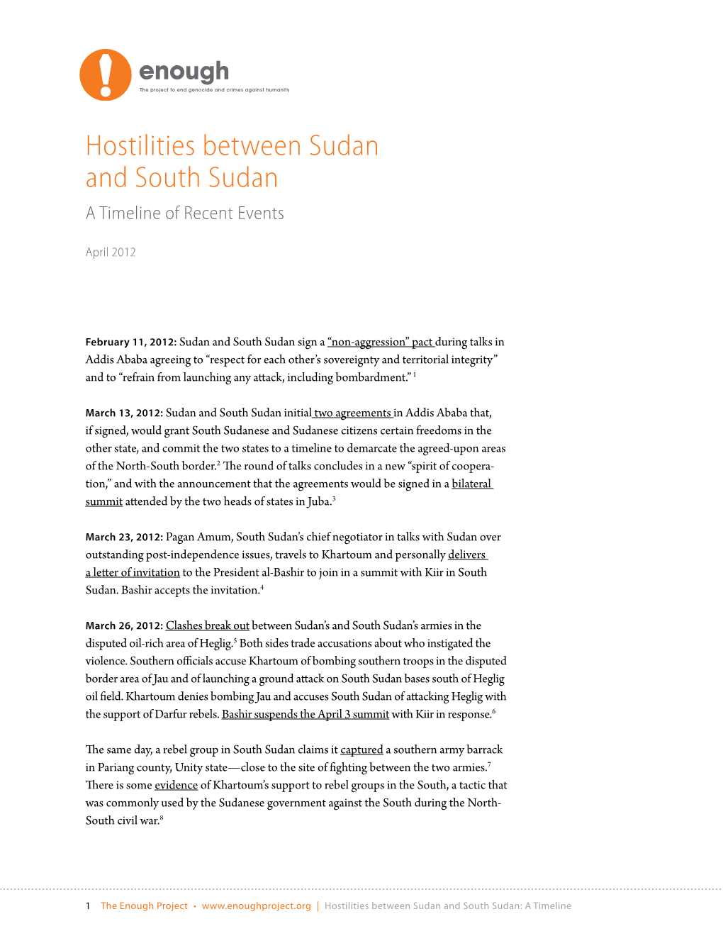 Hostilities Between Sudan and South Sudan a Timeline of Recent Events