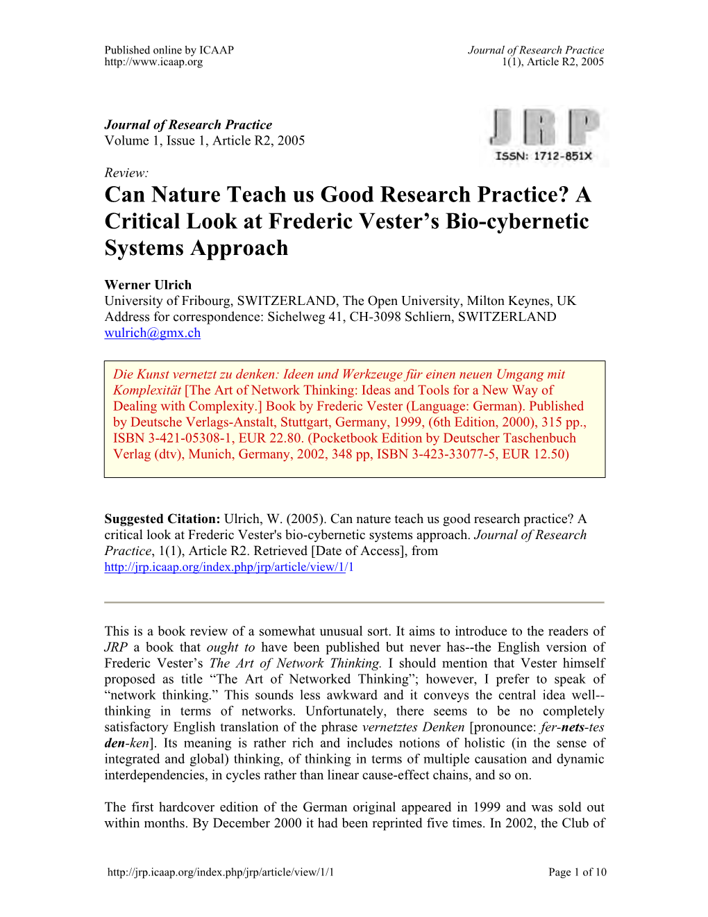 A Critical Look at Frederic Vester's Bio-Cybernetic Systems Approach