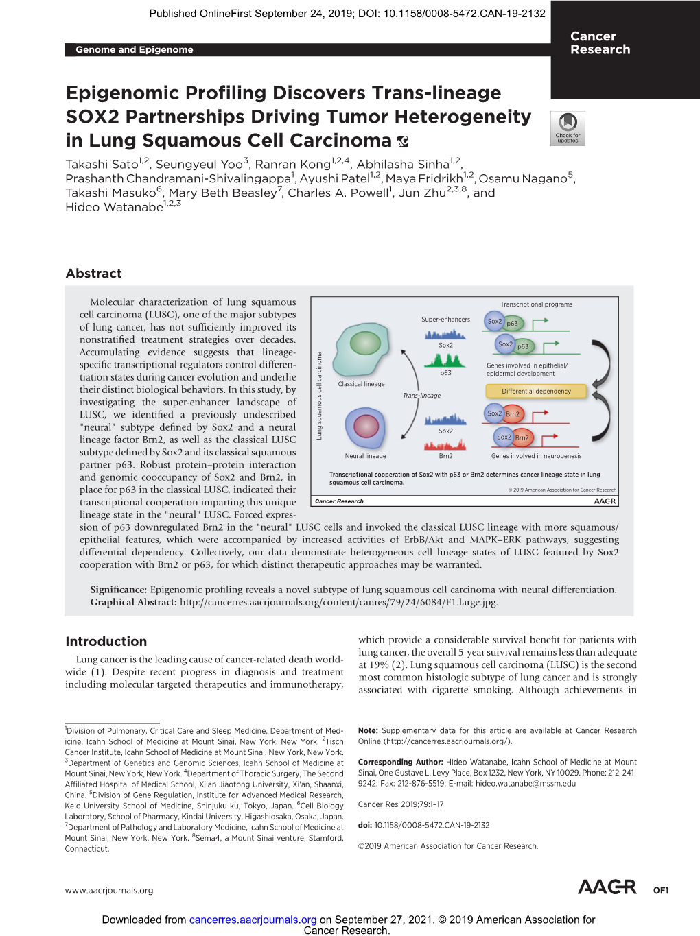 Epigenomic Profiling Discovers Trans-Lineage SOX2 Partnerships Driving Tumor Heterogeneity in Lung Squamous Cell Carcinoma