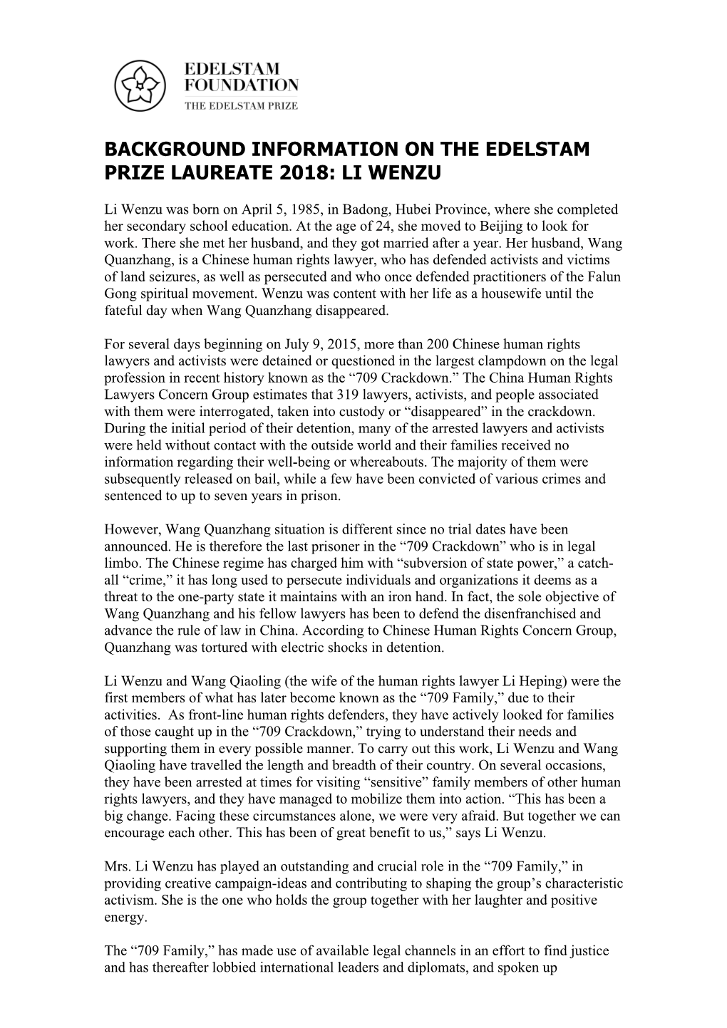 Background Information on the Edelstam Prize Laureate 2018: Li Wenzu