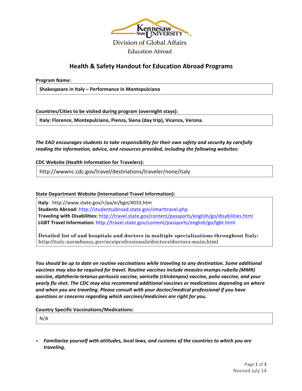 Health & Safety Handout for Education Abroad Programs