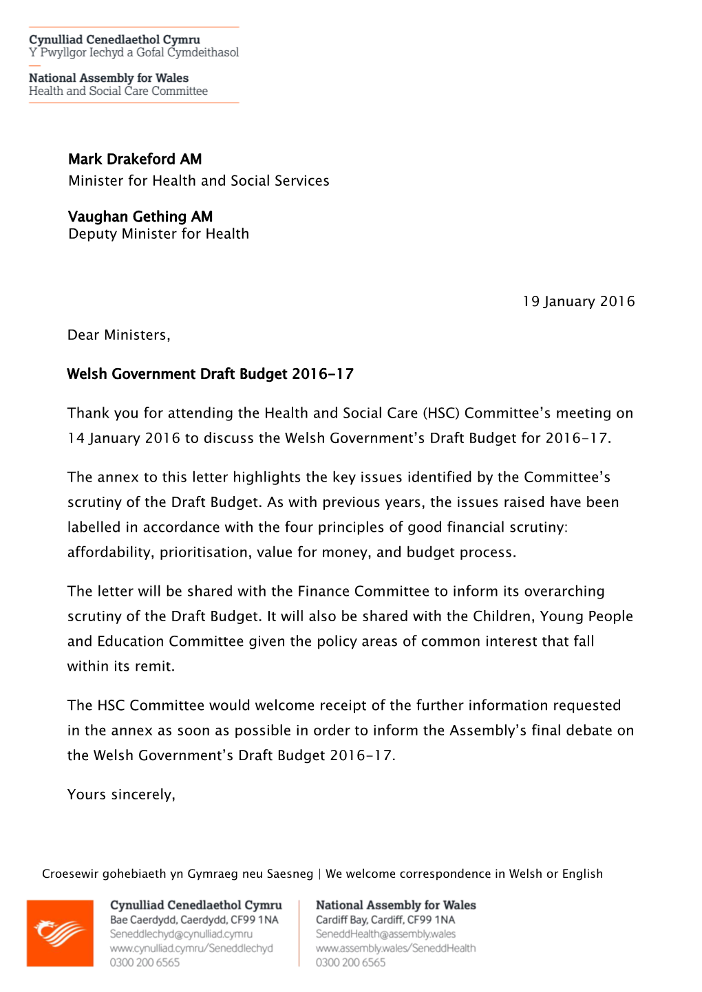 Letter from Chair of Health and Social Care Committee to the Minister for Health and Social