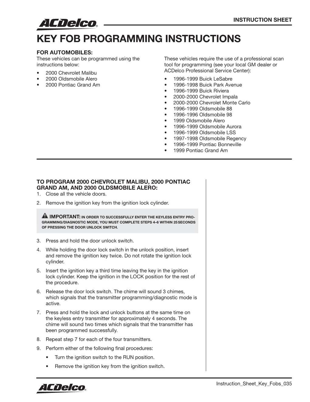 Key Fob Programming Instructions