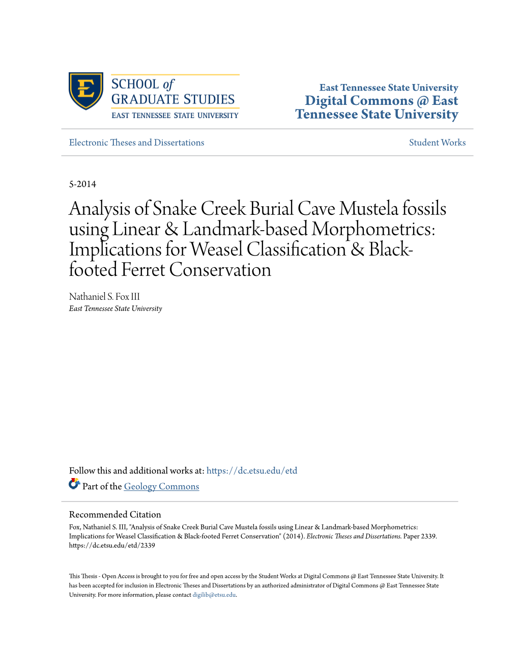 Analysis of Snake Creek Burial Cave Mustela Fossils Using Linear