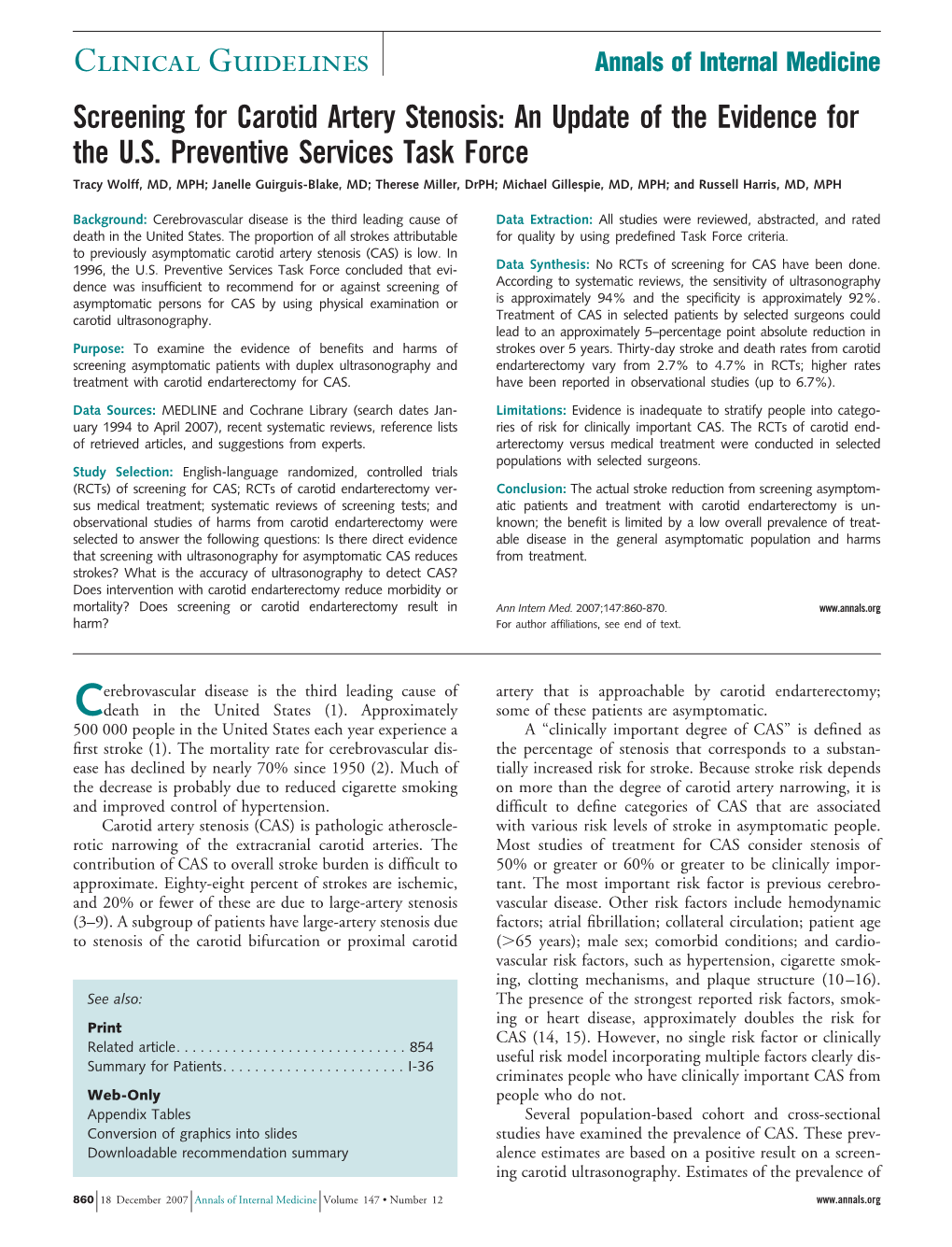 Screening for Carotid Artery Stenosis: an Update of the Evidence for the U.S