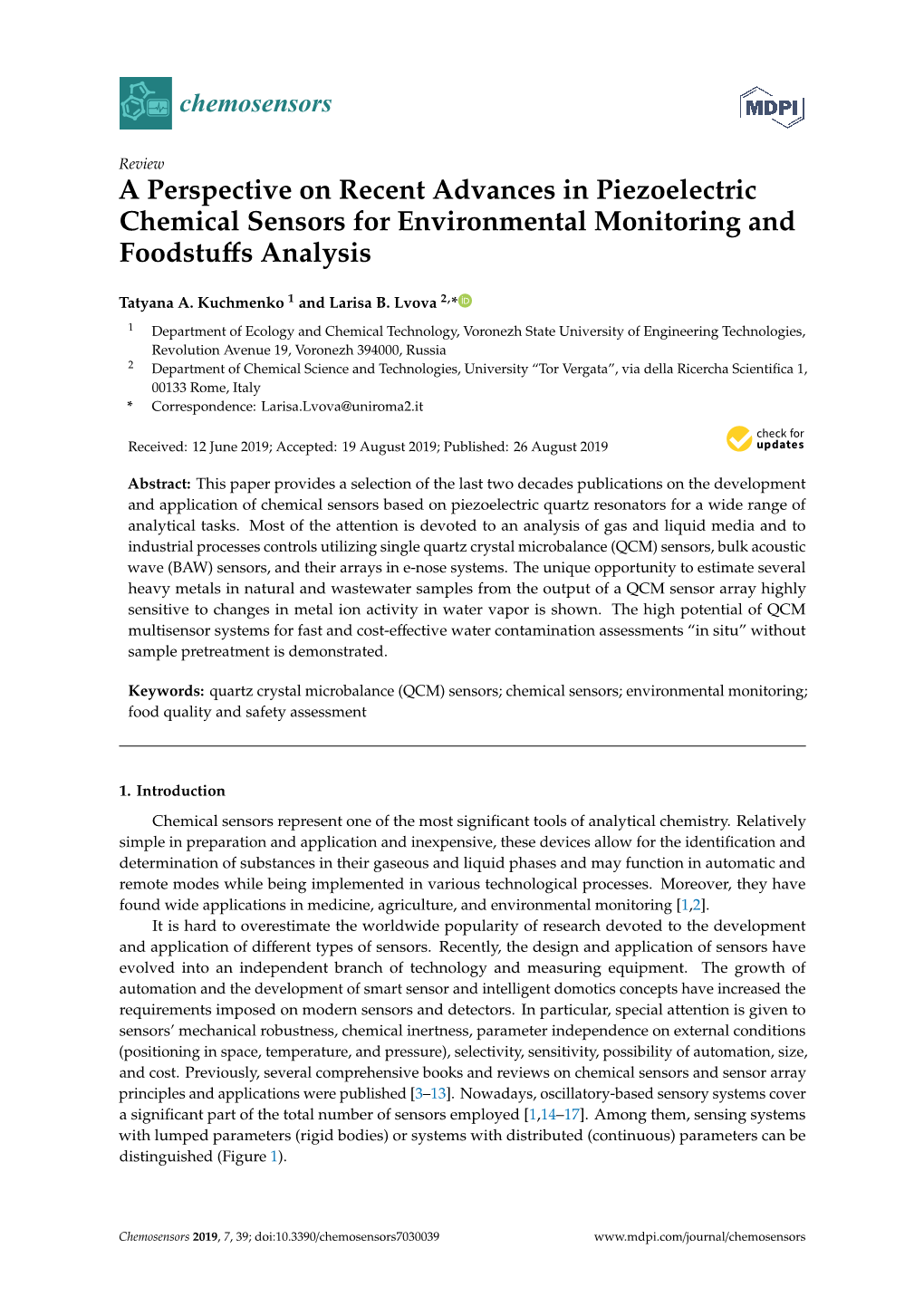 A Perspective on Recent Advances in Piezoelectric Chemical Sensors for Environmental Monitoring and Foodstuﬀs Analysis