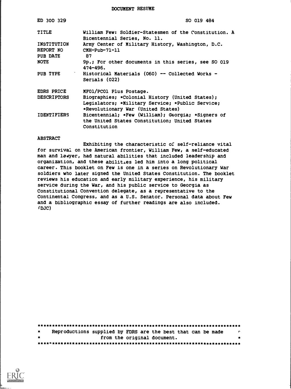 DOCUMENT RESUME ED 300 329 SO 019 484 TITLE William Few