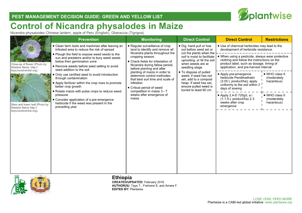 Control of Nicandra Physalodes in Maize