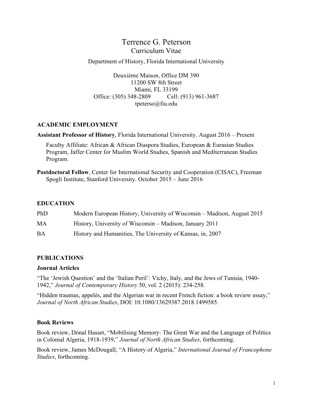 Terrence G. Peterson Curriculum Vitae Department of History, Florida International University